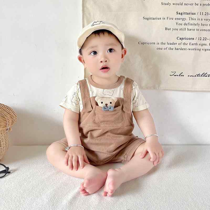 新生児 ベビー 男の子 ロンパース カバーオール 夏物 薄手 半袖 立体クマモチーフ 綿 快適 普段使い 部屋着 パジャマ 韓国 ブラウン