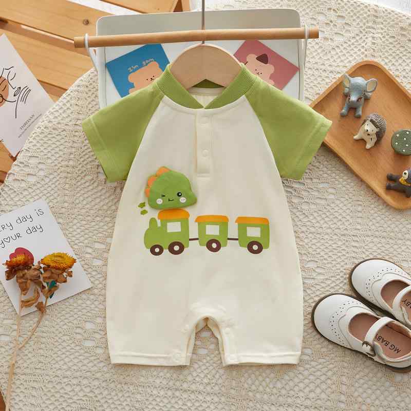 ベビー服 ロンパース カバーオール 男の子 新生児 夏用 薄手 半袖 コットン 恐竜 汽車柄 韓国 快適 通気性 アプリコット ベージュ系
