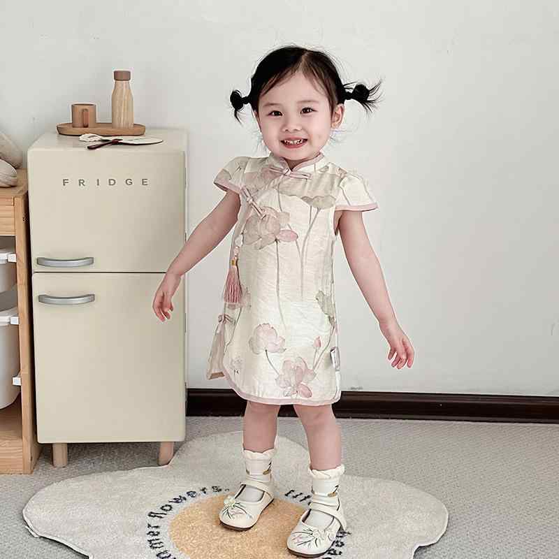 チャイナドレス 女の子 子供 キッズ ガールズ 幼児 夏季 半袖 中国風 民族衣装 漢服 中国画風 ナイロン サテン 普段使い イベント グリーン ベージュ