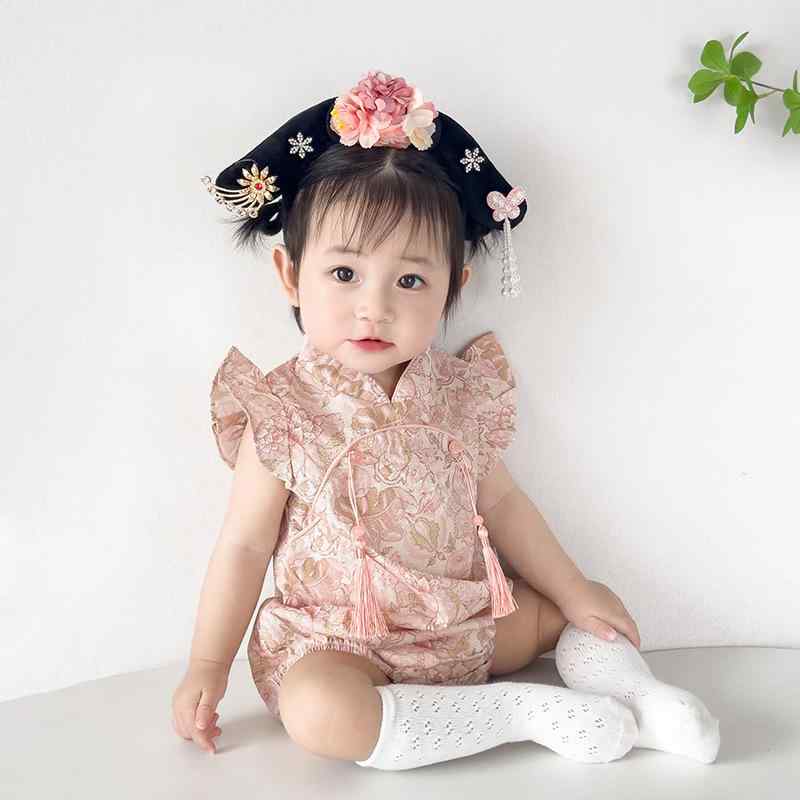 ベビーロンパース 女の子 新生児 カバーオール 中国風 レトロモダン チャイナ風 普段着 夏 半袖 綿 コットン 薄手 ピンク プルオーバー 三角タイプ 4,145円