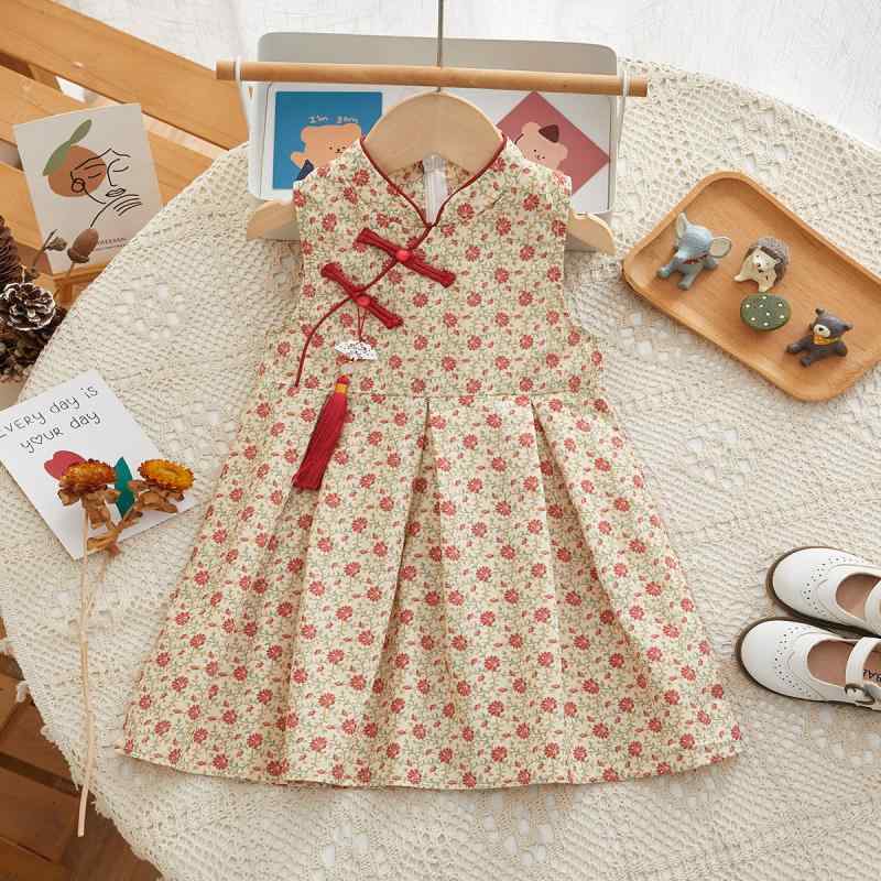 ワンピース 女の子 ガールズ キッズ ドレス 新チャイナ風 中国風 コットン 綿 花柄 ノースリーブ 薄手 涼しい Aライン 普段使い お出かけ 春夏