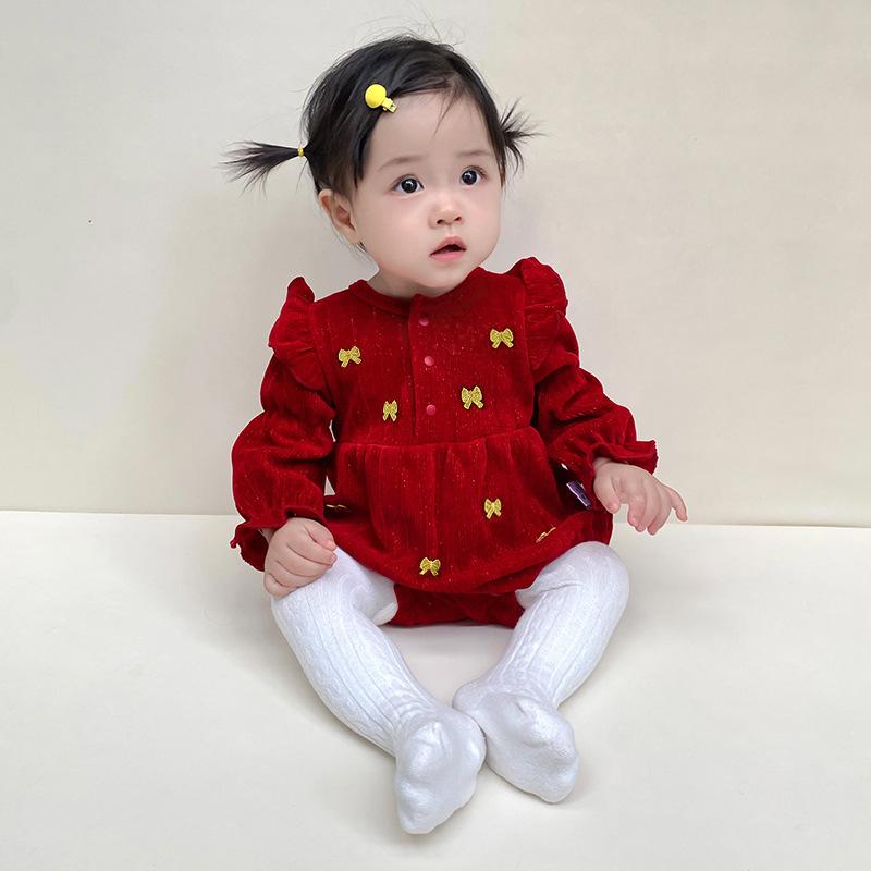 ロンパース 女の子 新生児 ベビー カバーオール シェニール ナイロン 長袖 プルオーバー 韓国 レッド 秋冬春 普段使い ルームウェア あったか やわらか 肌触り 快適