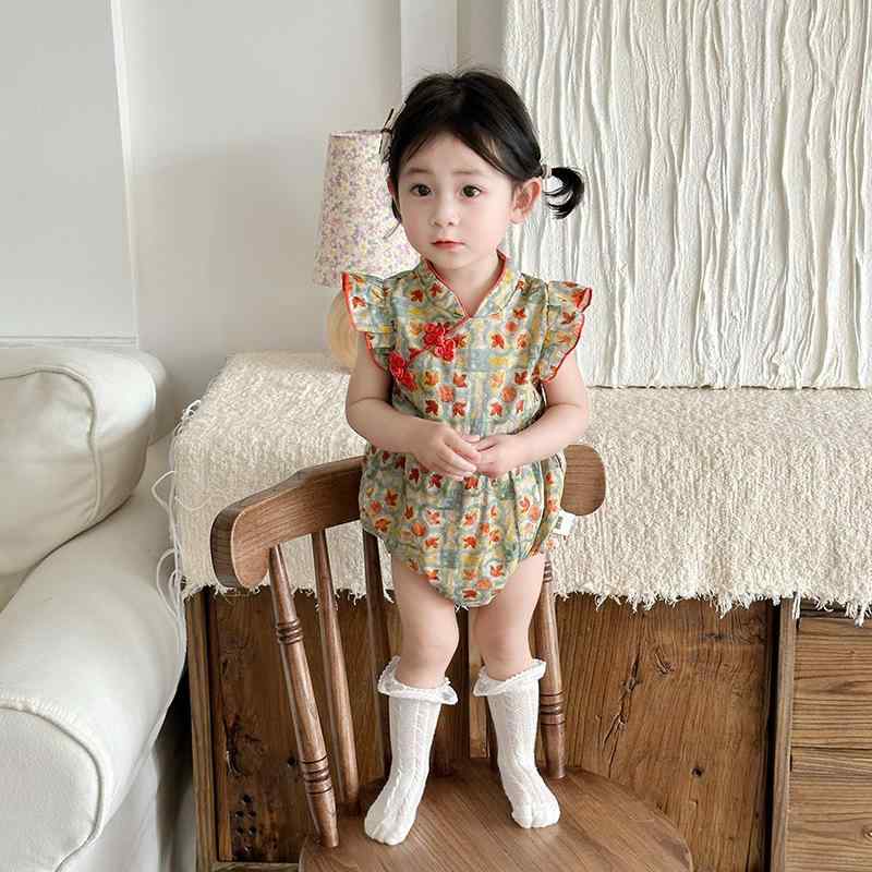 ロンパース 女の子 ベビー 夏物 中国風 チャイナドレス 綿 コットン 赤 レッド 半袖 薄手 オールインワン 新生児 赤ちゃん お宮参り 百日祝い セレモニー フォーマルウェア