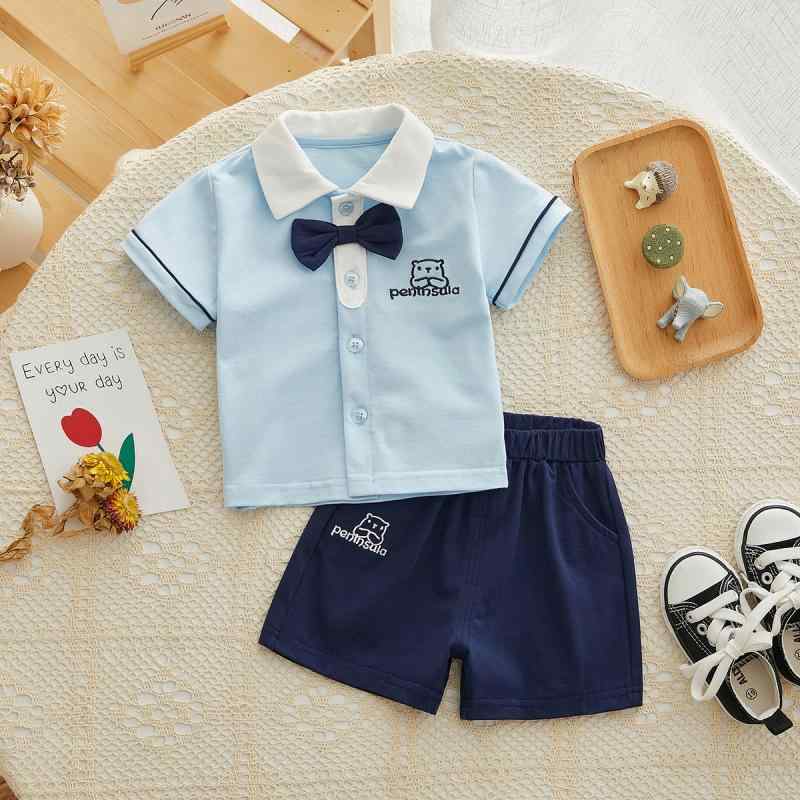 ベビー服 男の子 夏 半袖 ショートパンツ 2点セット セットアップ 蝶ネクタイ スクール風 フォーマル 韓国 薄手 綿95% 幼児 普段着 お出かけ 無地 肌に優しい 80 90 100cm