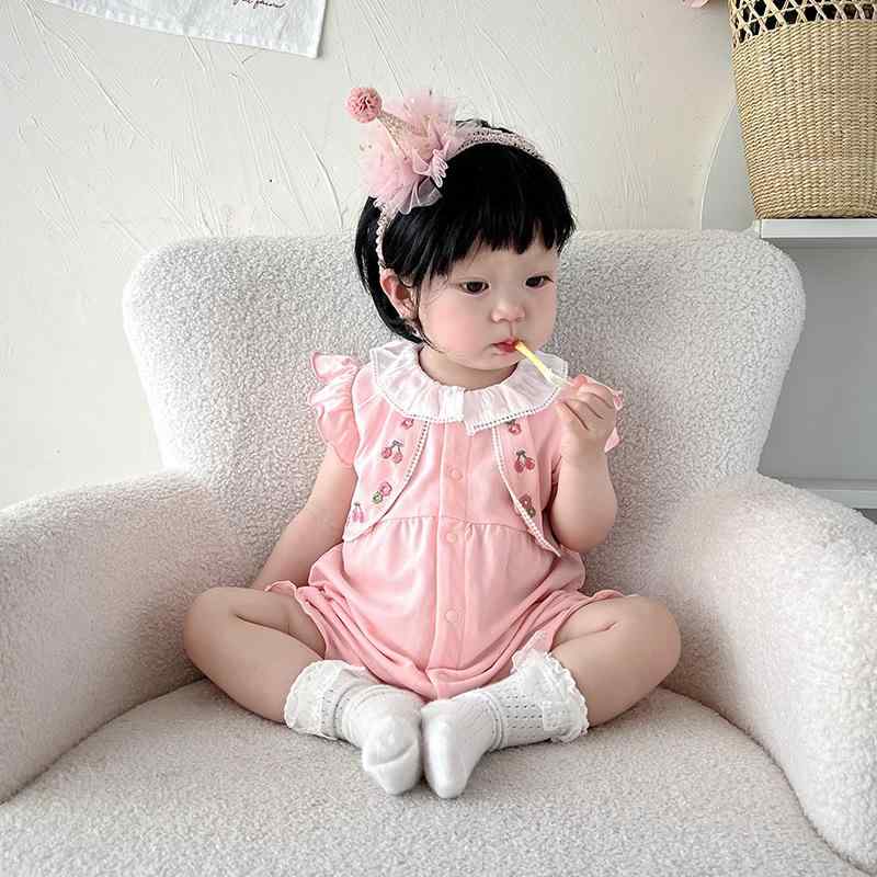 ロンパース カバーオール 新生児 女の子 さくらんぼ柄 チェリープリント 前開き 半袖 薄手 春夏 コットン 綿 肌に優しい ベビー服 出産祝い ギフト かわいい ピンク カジュアルウェア