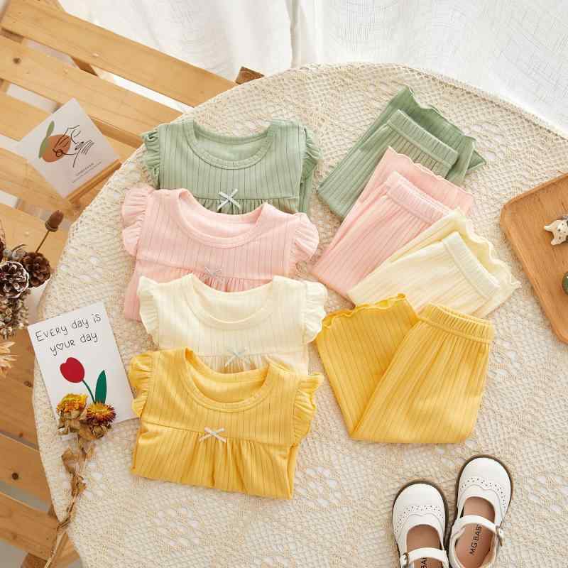 ベビー服 女の子 ガールズ 夏物 半袖 フリル袖 ショートパンツ 上下セット 2点セット ルームウェア 部屋着 再生繊維 かわいい シンプル