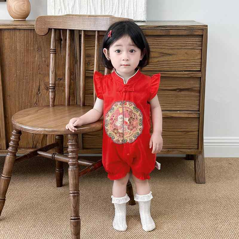 ロンパース 女の子 半袖 綿 コットン 薄手 夏物 かわいい チャイナ風 お宮参り 百日祝い 1歳誕生日 選び取り 新生児 0歳 1歳 セレモニー ドレス 赤 レッド 前開き スナップボタン カバーオール