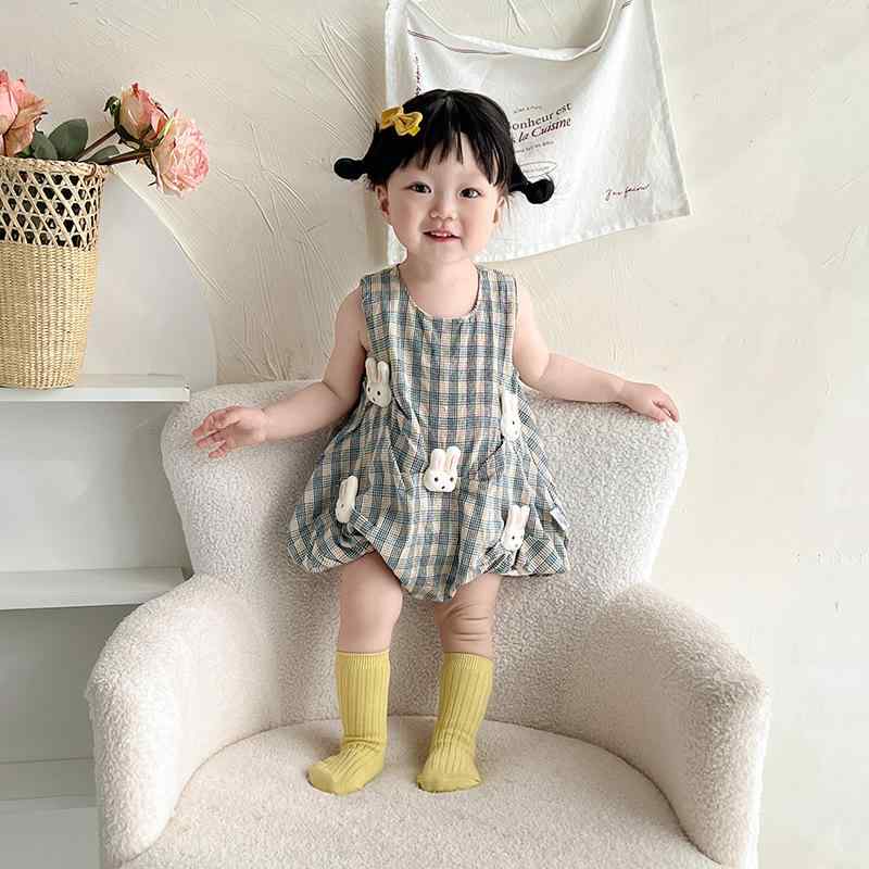 ロンパース 女の子ベビー ノースリーブ うさぎ柄 かわいい 薄手 綿素材 韓国 ブルー 三角ロンパース 新生児服 春夏 普段使い お出かけ ルームウェア