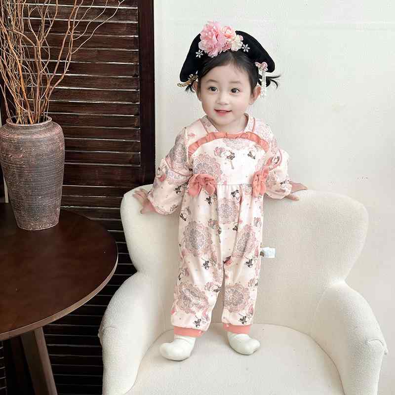 ロンパース 女の子 ベビー 新生児 中国風 漢服 リボン 長袖 綿 コットン 春秋 カバーオール カラフル お宮参り やわらか 肌に優しい