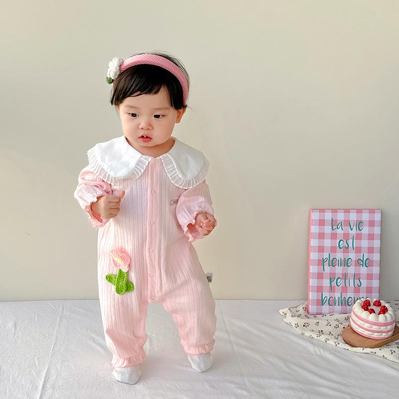 ロンパース 女の子 新生児 ベビー 春秋 長袖 襟付き 小花柄 フリル カバーオール 綿 ピンク 肌に優しい かわいい 韓国 普段着 お出かけ 出産祝い ギフト