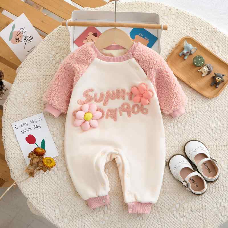ベビー 新生児 女の子 ロンパース カバーオール 秋冬 裏起毛 小花柄 コットン 長袖 ロング丈 プルオーバー あったか アプリコット 外出着 普段使い 韓国子供服