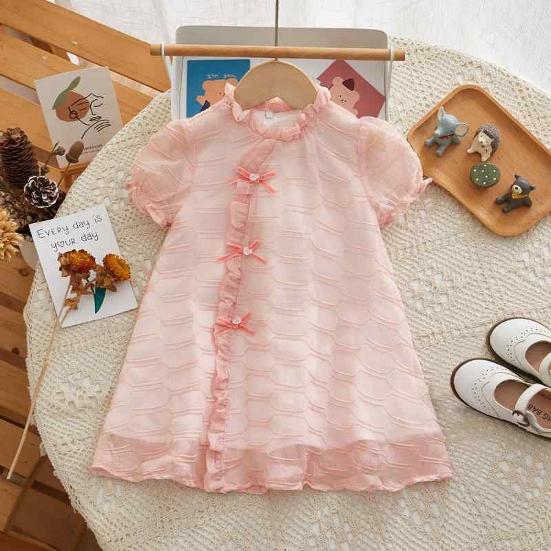 ワンピース 女の子 キッズ ベビー 幼児 子供服 夏 サマー ネオチャイナ風 中華風 夢のような パフスリーブ 半袖 Aライン ポリエステル ピンク お出かけ 普段使い画像