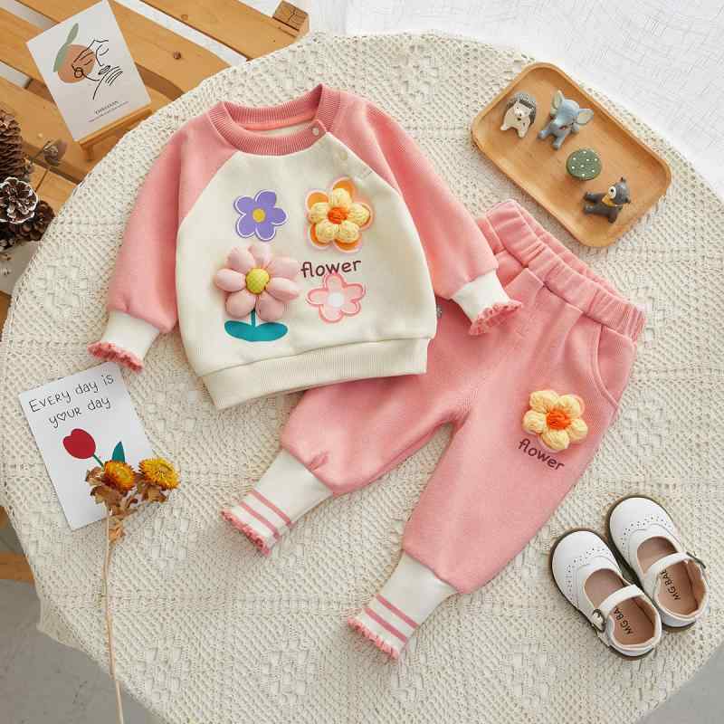 子供服 女の子 ベビー 幼児 パンツセットアップ 2点セット 春秋 韓国ファッション 立体小花柄 フラワー 長袖 ロングパンツ 綿 コットン ピンク 普段着 通園 お出かけ カジュアル おしゃれ かわいい