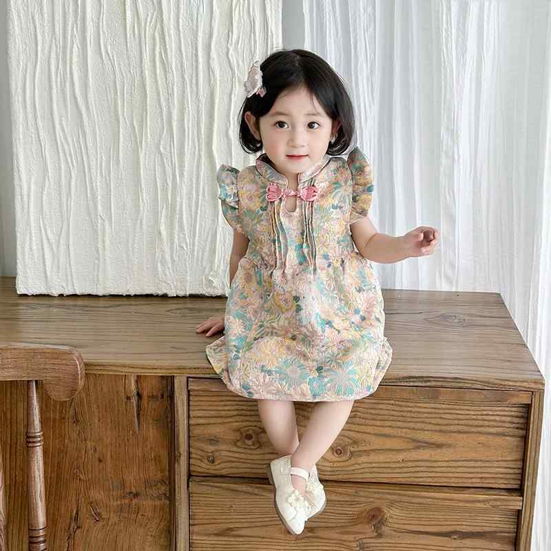 ワンピース 女の子 子供服 キッズ チャイナドレス 中国風 漢服風 盤扣 ノースリーブ Aライン ドレス 春夏 ピンク 花柄 ポリエステル コットン 裏地 お出かけ 普段使い