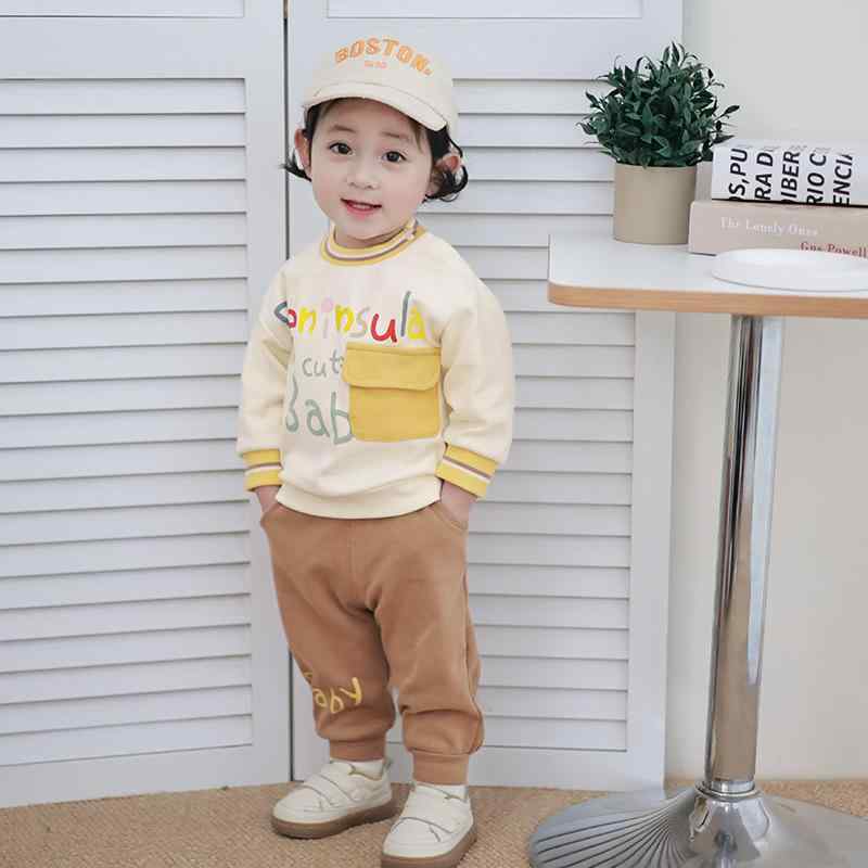 セットアップ キッズ ユニセックス 子供服 韓国 アルファベット柄 ポケット付き 長袖トップス 長ズボン 上下セット コットン 綿 ブラウン系 普段使い 通園通学 カジュアルウェア 春夏秋