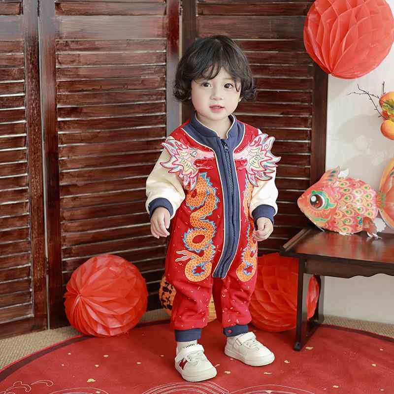 ロンパース ベビー 赤ちゃん カバーオール 中国風 チャイナ風 お正月 新年 百日祝い お食い初め お宮参り お祝い 晴れ着 秋冬 冬用 厚手 綿 コットン 赤 レッド