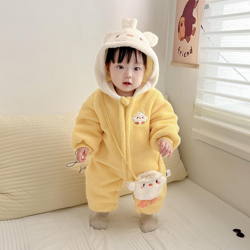 ロンパース ベビー 新生児 赤ちゃん 秋冬 裏起毛 厚手 フード付き カバーオール 防風 保温性 暖かい お出かけ着 アウター ポリエステル 韓国 イエロー