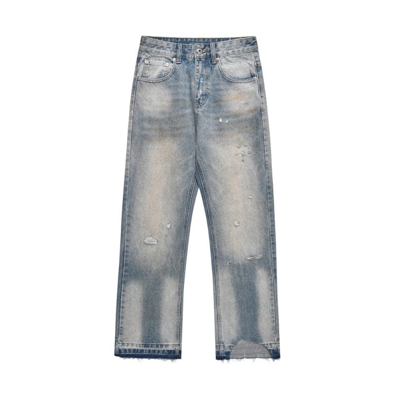 デニムパンツ メンズ ジーンズ ウォッシュ加工 ダメージ加工 クラッシュ ユーズド加工 フリンジ ストリート カジュアル ゆったり ストレート ロングパンツ コットン ブルー