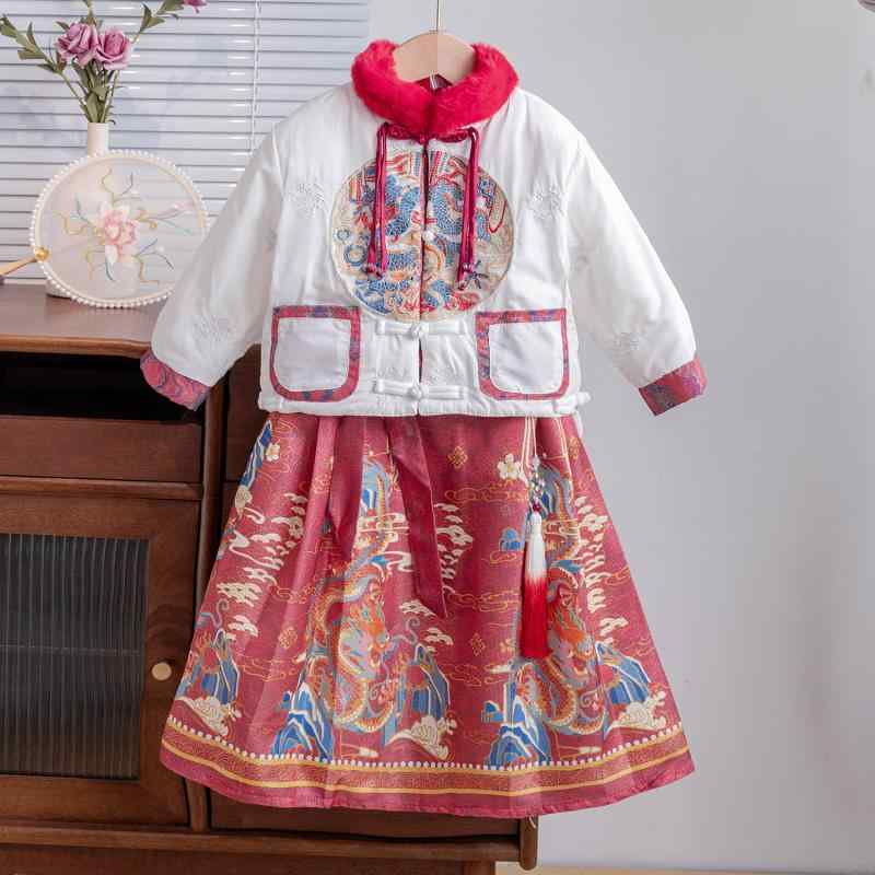 チャイナ服 女の子 キッズ 龍柄 裏起毛 ツーピース セットアップ 馬面スカート 中華風 正月 新年 晴れ着 厚手 防寒 秋冬用 コットン レッド