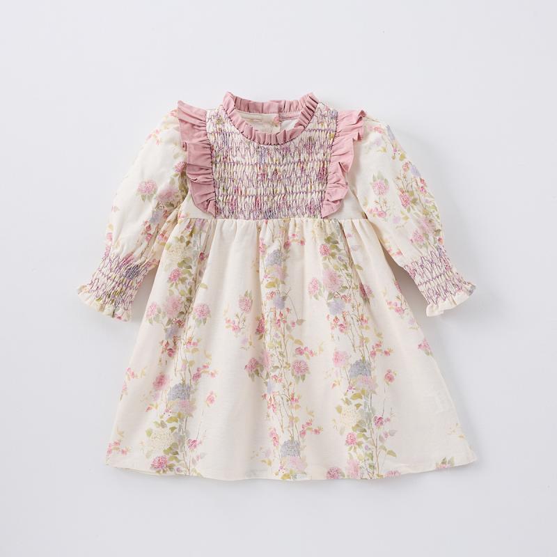 ワンピース 女の子 ガールズ キッズ プリンセスドレス 春秋 長袖 綿 コットン Aライン 小花柄 かわいい おしゃれ ピンク お出かけ 普段着 発表会 誕生日 パーティー