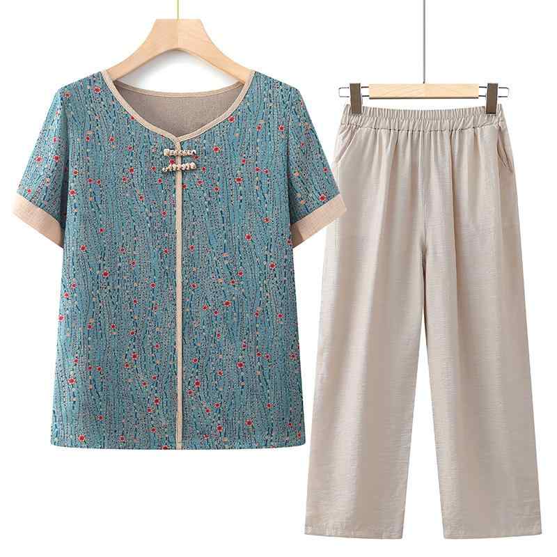 セットアップ レディース ママ 60代 70代 シニア 女性 半袖Tシャツ パンツ ツーピース 春夏 薄手 ゆったり カジュアル 上品 エレガント ポリエステル リラックスウェア