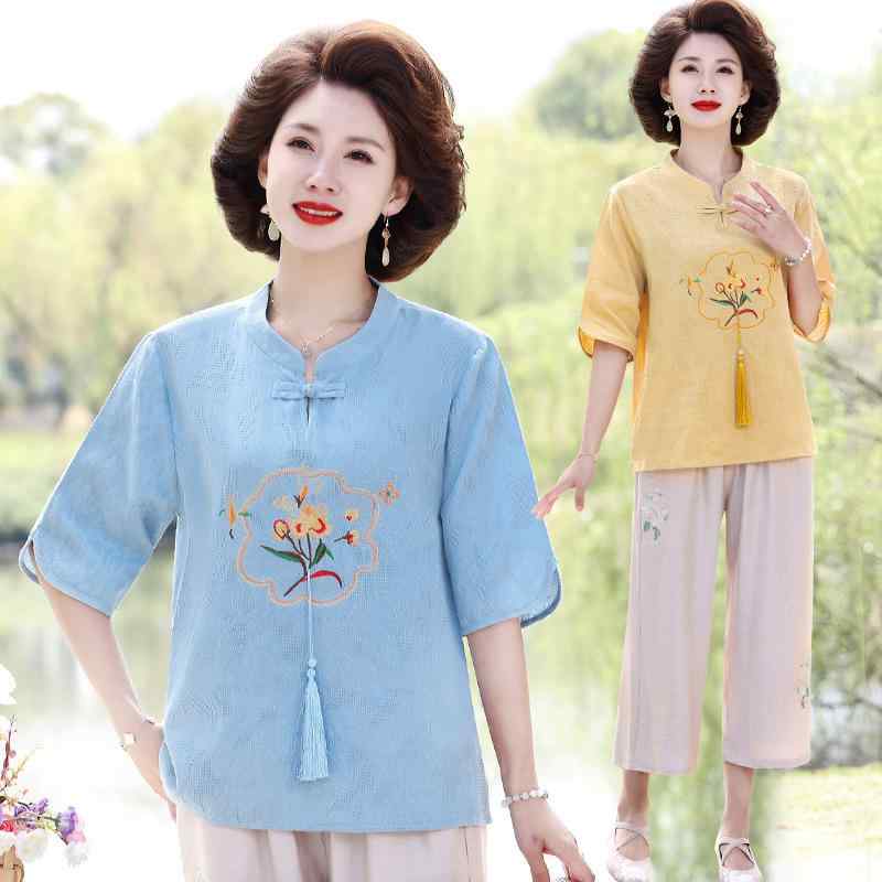 セットアップ ミセス 春夏 綿麻 Tシャツ カットソー 上下セット ゆったり リラックスフィット エスニック 刺・墸入り 薄手 涼しい 体型カバー 普段使い お出かけ