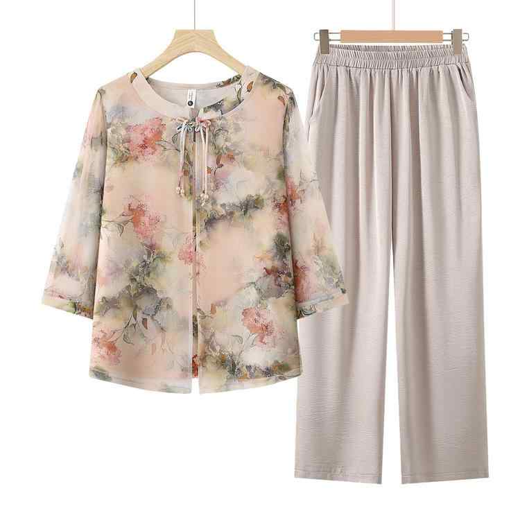 トップス ミセス 中高年女性 春夏 半袖 Tシャツ カットソー ラウンドネック 上品 きれいめ 通勤 カジュアル チャイナ風 刺繍 セットアップ ワイドパンツ ボトムス ポリエステル ピンク グリーン アイボリー