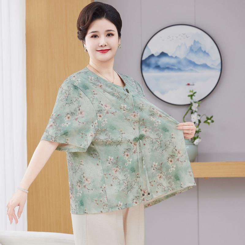 セットアップ レディース ミセス シニア ママ 夏物 チャイナ風 花柄 半袖Tシャツ ロングパンツ ゆったり 大きいサイズ ポリエステル おしゃれ エレガント