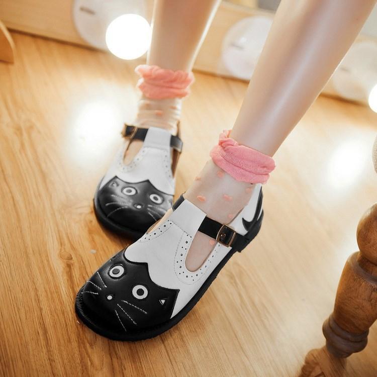 フラットシューズ レディース 韓国 猫モチーフ かわいい 浅履き ローカット 厚底 プラットフォーム 滑り止め バックル スリッポン 再生レザー 切り替え カジュアル 春夏秋 普段使い