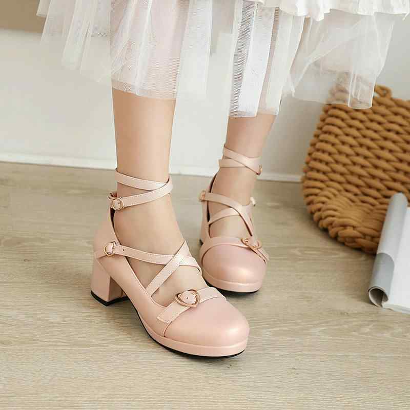 パンプス レディース ロリータ 春夏 ラウンドトゥ 太ヒール ハイヒール クロスストラップ プリンセス風 カジュアルシューズ 普段使い 黒 ブラック ピンク ベージュ レッド 人工皮革 合皮 ラバー画像