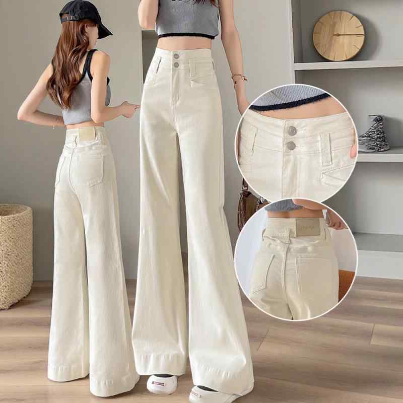 デニムパンツ レディース アイボリー コットン ワイドレッグ フルレングス 微ストレッチ 脚長効果 スタイルアップ 細見え 春夏 ハイウエスト 体型カバー 微フレア カジュアル 普段使い