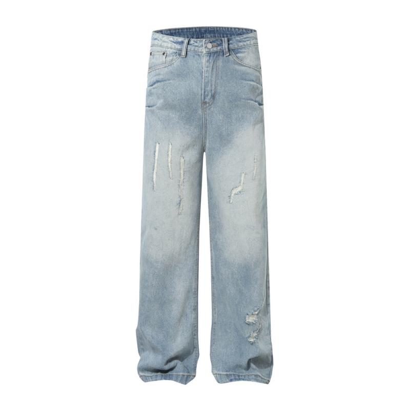 デニムパンツ メンズ ヴィンテージ風 ストリート パンク ウォッシュ加工 ダメージ加工 クラッシュ 色褪せ ユーズド加工 ゆったり ルーズ ストレート カジュアル コットン ブルー