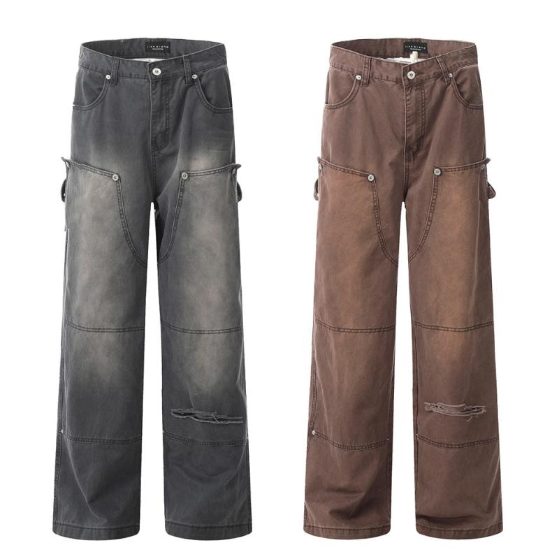 デニムパンツ メンズ 男性用 パンク ワーク ウォッシュ加工 ダメージ加工 ストレート ルーズフィット デコンストラクト 切り替え 性 コットン ノンストレッチ カジュアル ロングパンツ|おうち健康生活