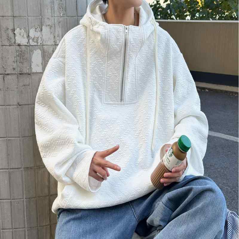パーカー メンズ 男女兼用 春夏 韓国ファッション ジャガード織り 長袖 プルオーバー ゆったり ビッグシルエット オーバーサイズ 無地 カジュアル 普段使い ポリエステル 混紡