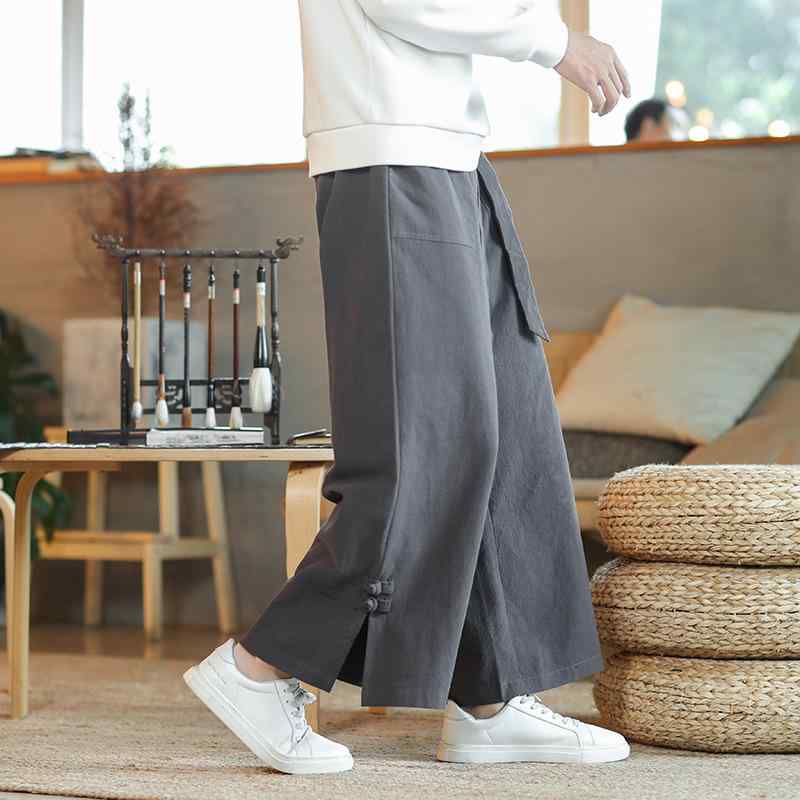 カジュアルパンツ メンズ 男性用 ストレートシルエット 綿麻 コットンリネン 新チャイナ風 レトロ ゆったり 盤ボタン 大きいサイズ 通気性 吸湿性 普段使い 春秋 ミッドウエスト グレー ブラック