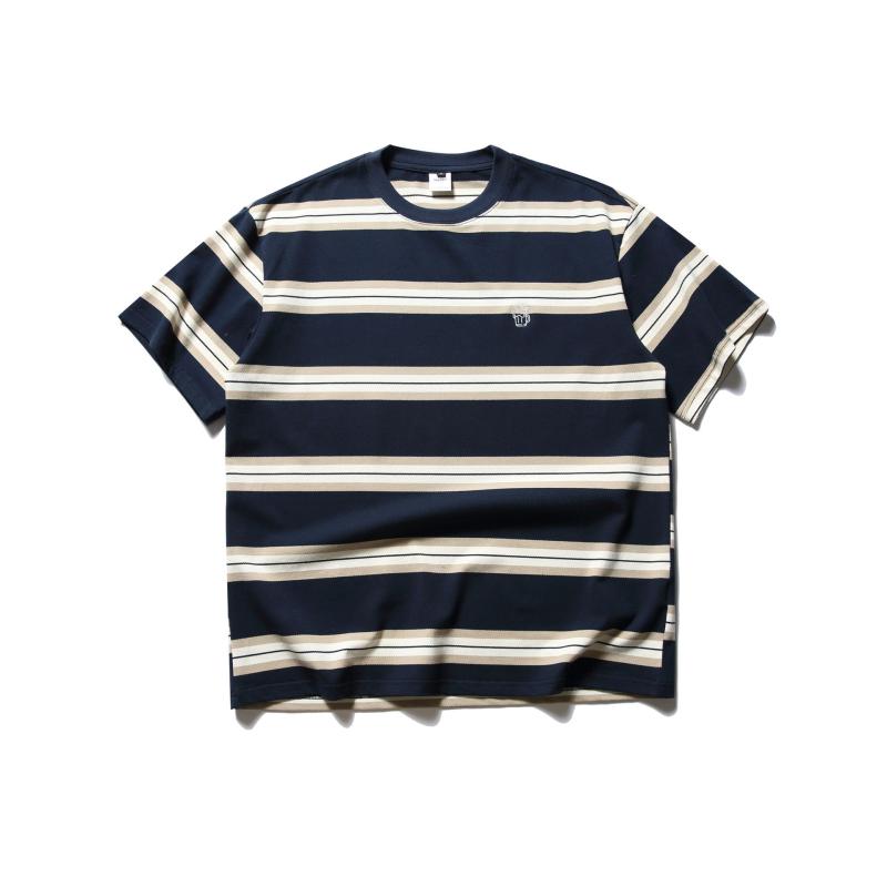 Tシャツ メンズ 半袖 ストライプ クルーネック 配色切り替え ゆったり オーバーサイズ 綿混 吸湿速乾 レトロ カジュアル アメカジ 普段着 シンプル 春夏 おしゃれ