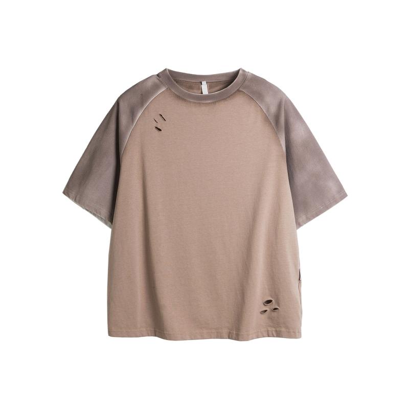 Tシャツ メンズ アメリカンヴィンテージ風 タフネス 切り替え ダメージ加工 ラグラン袖 綿 吸湿速乾 ルーズシルエット 着回し ストリート ワイルド カジュアル 半袖 夏