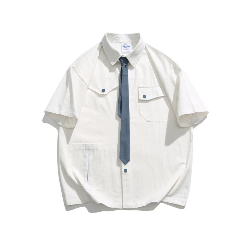 シャツ メンズ 男性用 春夏 ゆったり ルーズフィット ビッグシルエット 塩系 個性的 ワーク レトロ カジュアル アメカジ 半袖 無地 開襟 綿 耐久性 切り替え 黒 白 普段使い ストリート