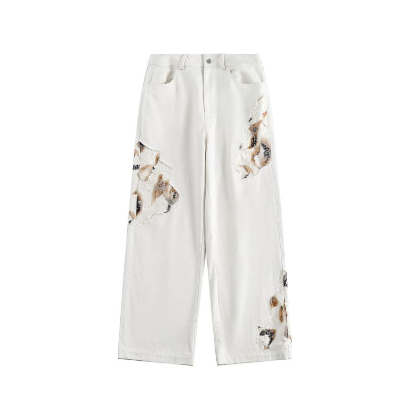 カジュアルパンツ ユニセックス 春夏 ゆったり ストレート ボトムス 焼花レース切り替え レトロ 綿混 ロングパンツ ペアルック デイリーユース ホワイト ストレッチ