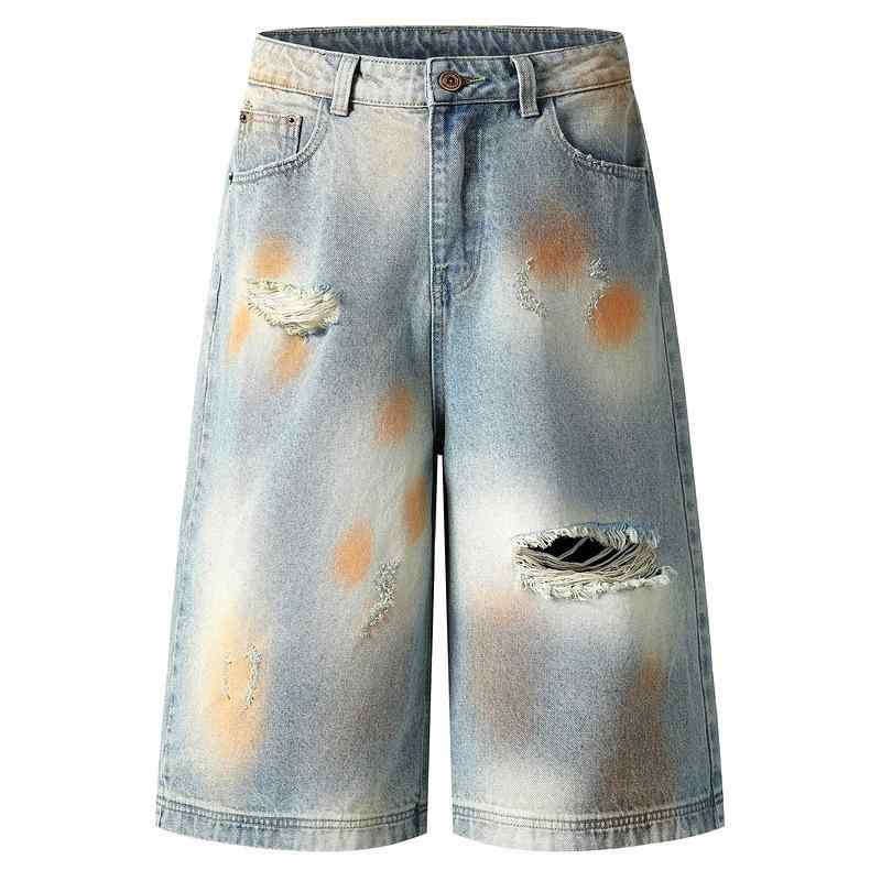 デニムパンツ メンズ アメリカンヴィンテージ風 グランジスタイル ダメージ加工 ウォッシュ加工 ライトブルー 七分丈 クロップド ワイド ストリート ヒップホップ カジュアル 春夏