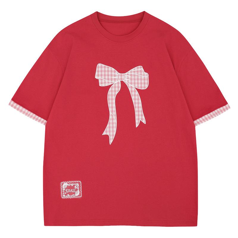 Tシャツ メンズ アメカジ レトロ ヴィンテージ風 リボン 刺繍 半袖 綿 コットン ゆったり ルーズフィット オーバーサイズ ドロップショルダー 夏 カジュアル ストリート 普段使い トップス
