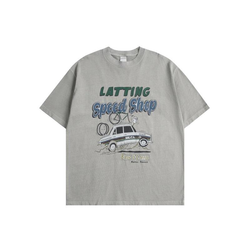 Tシャツ メンズ 春夏 カジュアル アメカジ ストリート カートゥーン 車 ロゴプリント クルーネック ルーズフィット オーバーサイズ 半袖 ドロップショルダー 綿 通気性 普段使い レジャー ウォッシュ加工 ブラック グレー グリーン系