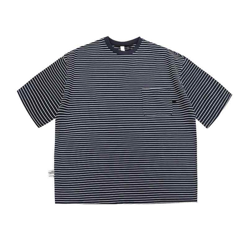 Tシャツ メンズ 男性用 アメリカンレトロ ビッグシルエット ストライプ パッチポケット 配色切り替え クルーネック 半袖 綿混 通気性 普段使い 春夏