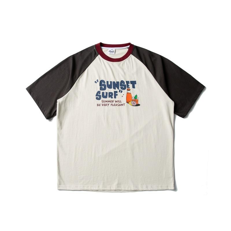 Tシャツ メンズ 夏 クルーネック 綿混 ゆったり ラグランスリーブ 半袖 古着風 レトロ ロゴ グラフィック プリント カジュアル 通気性 ダークグレー ベージュ