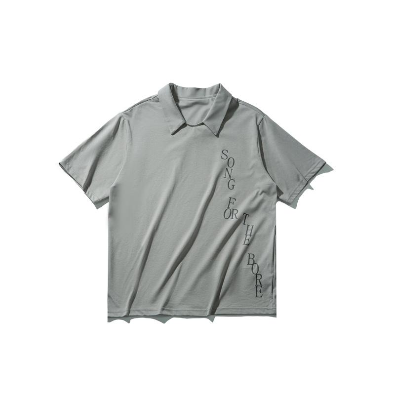 POLOシャツ メンズ 半袖 和風 レトロ ヒップホップ 文字 ロゴ プリント カジュアル 普段使い ゆったり オーバーサイズ ビッグシルエット 綿混 通気性 春夏 グレー ネイビー