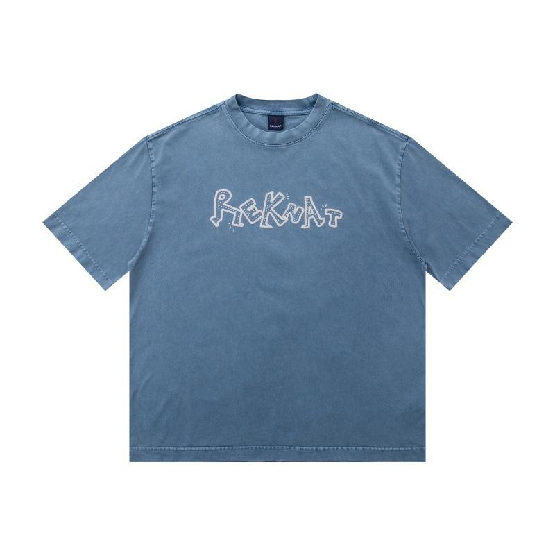 半袖Tシャツ メンズ アメカジ ヴィンテージ風加工 古着風 発泡レタリングプリント ロゴ クルーネック ヘビーウェイト 厚手 綿 コットン ゆったり ビッグシルエット カジュアル ストリート 春夏 ライトブルー