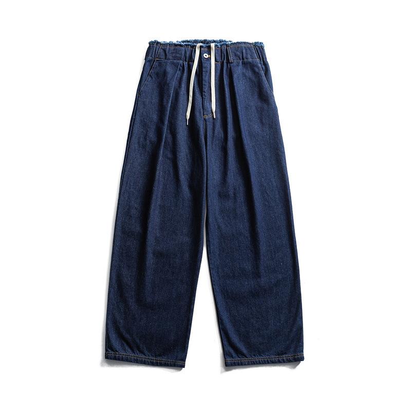 デニムパンツ メンズ レトロ ヴィンテージ風風 ストレートシルエット ゆったり ルーズ ウォッシュ加工 ドローストリング コットン 春秋 カジュアル 普段使い ブルー ブラック