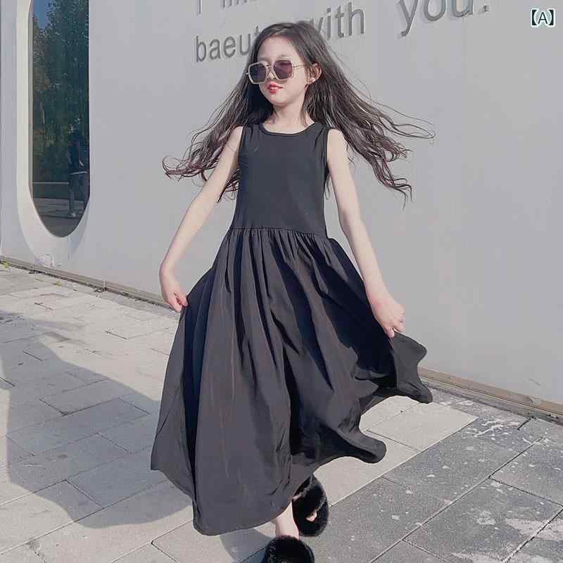 ワンピース 女の子 キッズ ジュニア ノースリーブ ブラック ニット ロング丈 カジュアル 普段使い おしゃれ トレンディ かわいい 夏 ドレス