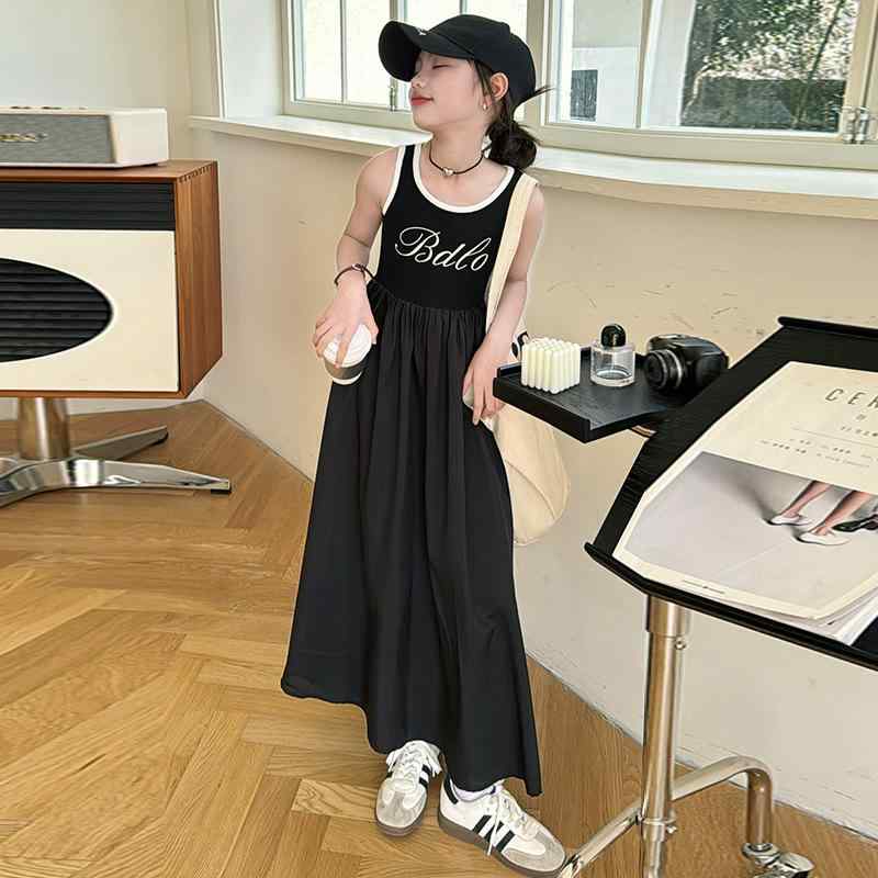ワンピース 女の子 キッズ ジュニア ガールズ 小学生 中学生 春夏 高級感 おしゃれ インフルエンサー プリンセスドレス 無地 ノースリーブ ロング丈 再生繊維 コットン混 柔らかい肌触り