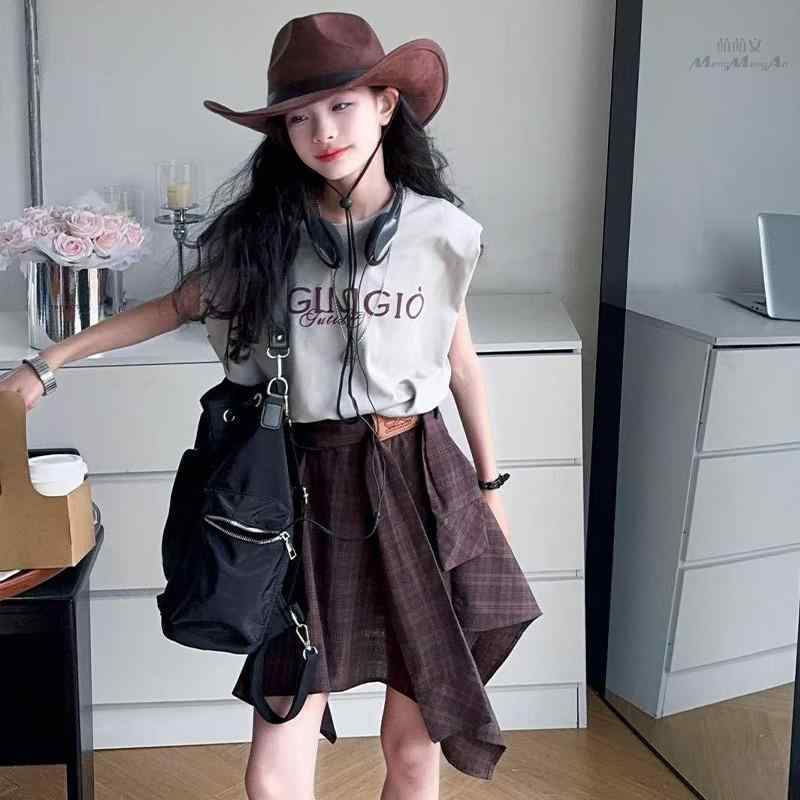ワンピース キッズ 女の子 ジュニア アシンメトリー 配色 ノースリーブ Tシャツ切り替え チェック柄 綿混紡 アセテート繊維 柔らかい 韓国 カジュアル 普段着 夏